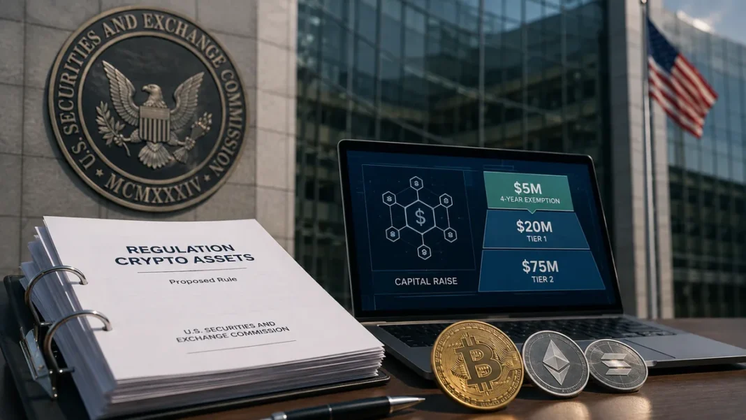 SEC crypto fundraising proposal showing $5 million, $20 million and $75 million exemption tiers