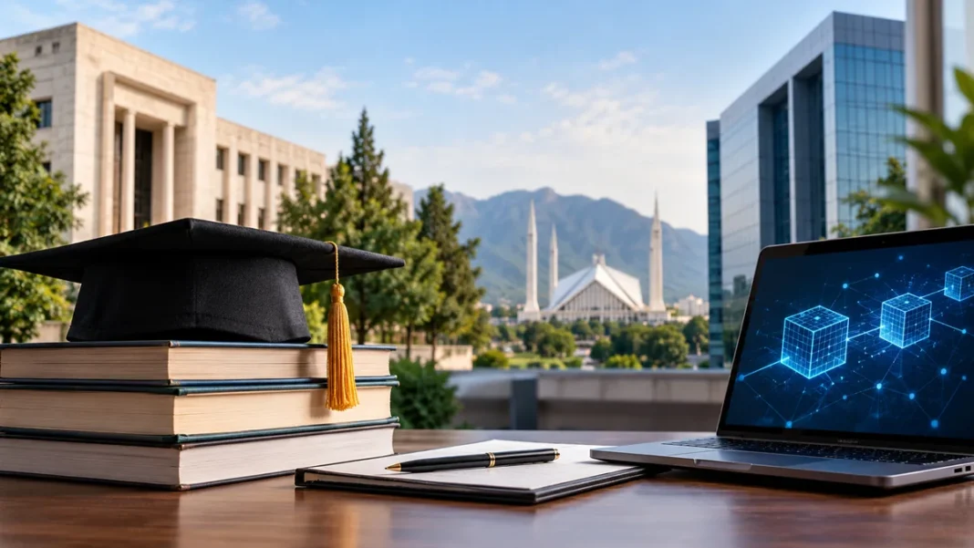 Blockchain and higher education collaboration in Pakistan represented by academic books, a graduation cap and blockchain technology.